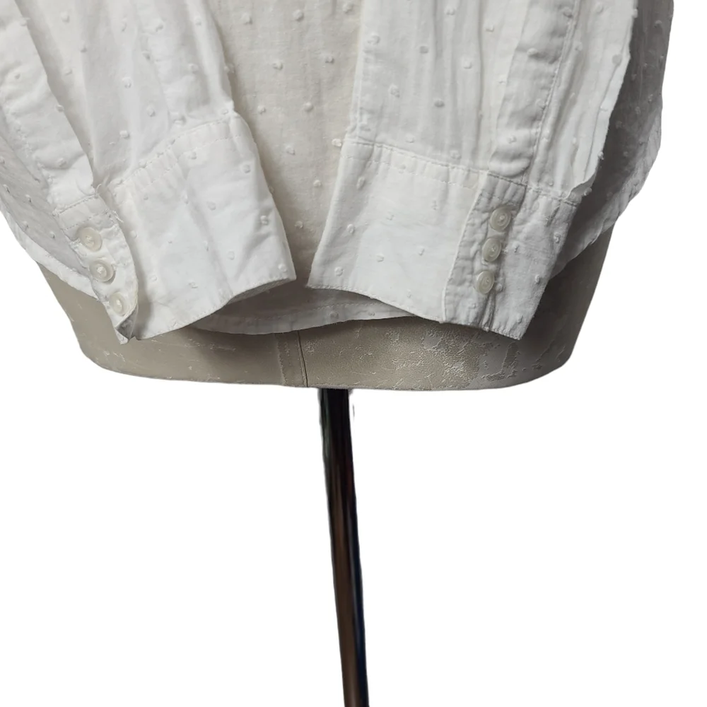 BCBGMAXAZRIA White Swiss Dot Ruffle Long Sleeve Button Down Blouse L - Picture 6 of 8